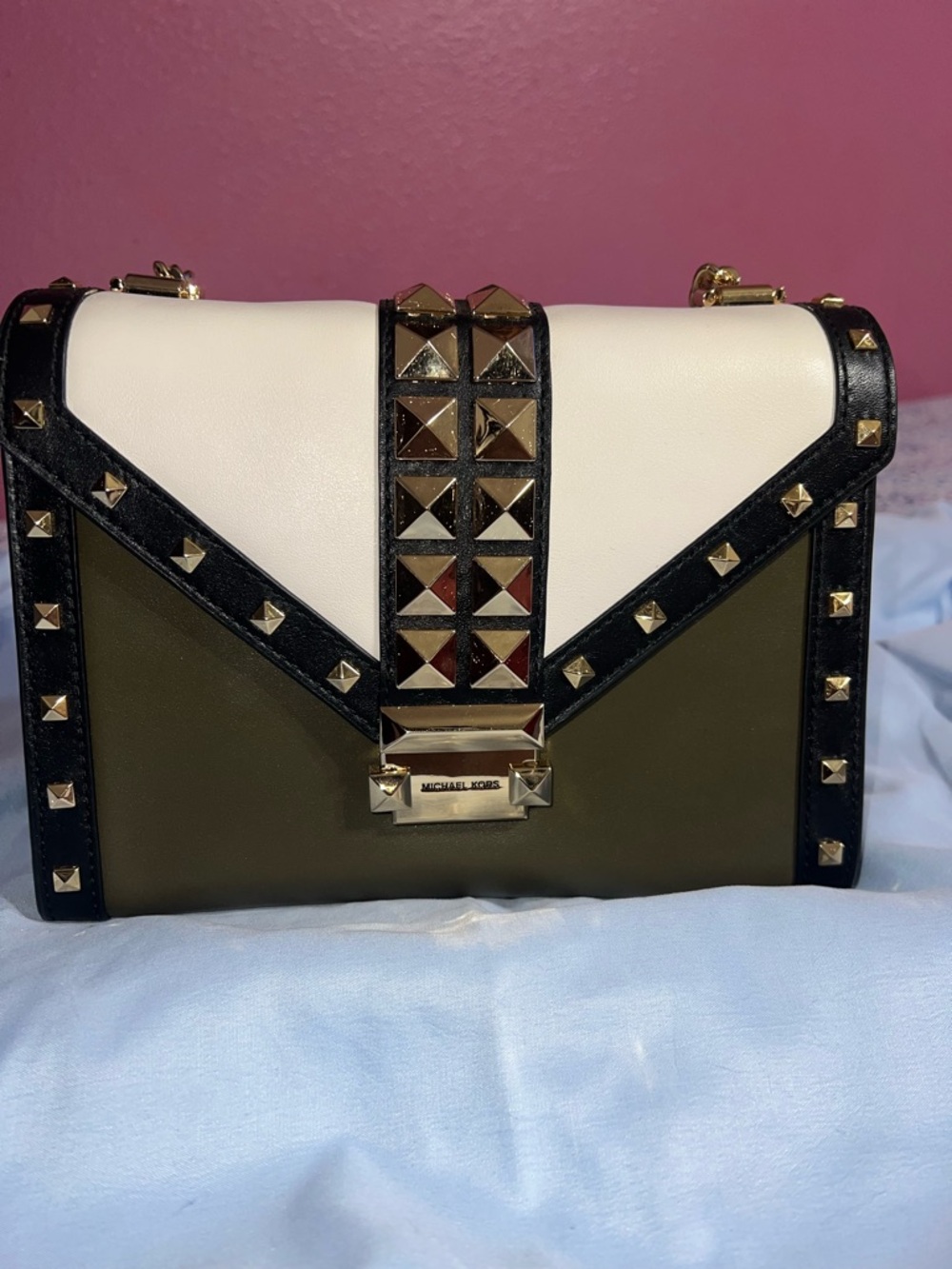 Michael Kors Whitney Olive, Cream & Black Studded Shoulder Bag